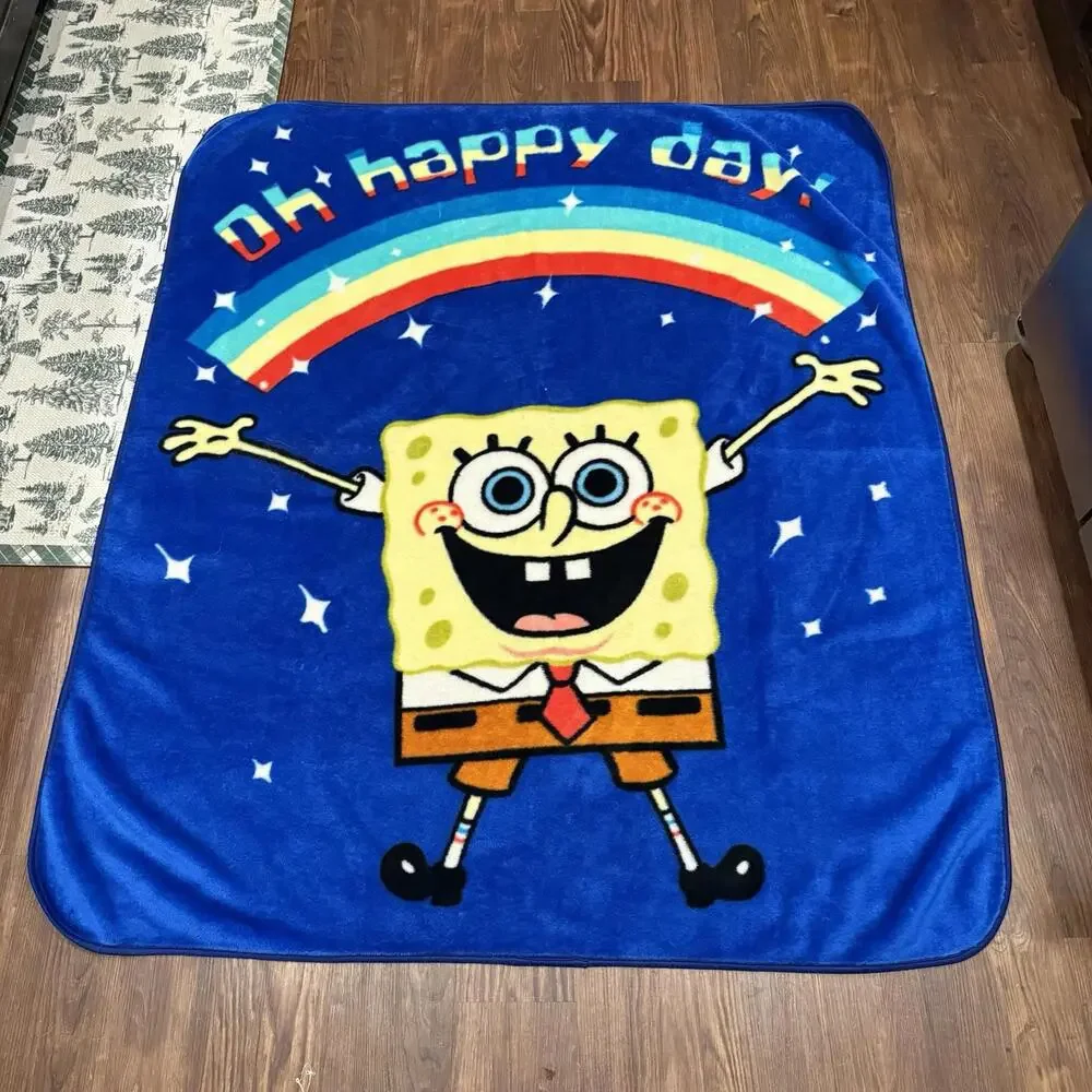 Vintage 90s/00s RARE Oh Happy Day Rainbow SpongeBob Fleece Graphic Blanket 60x50